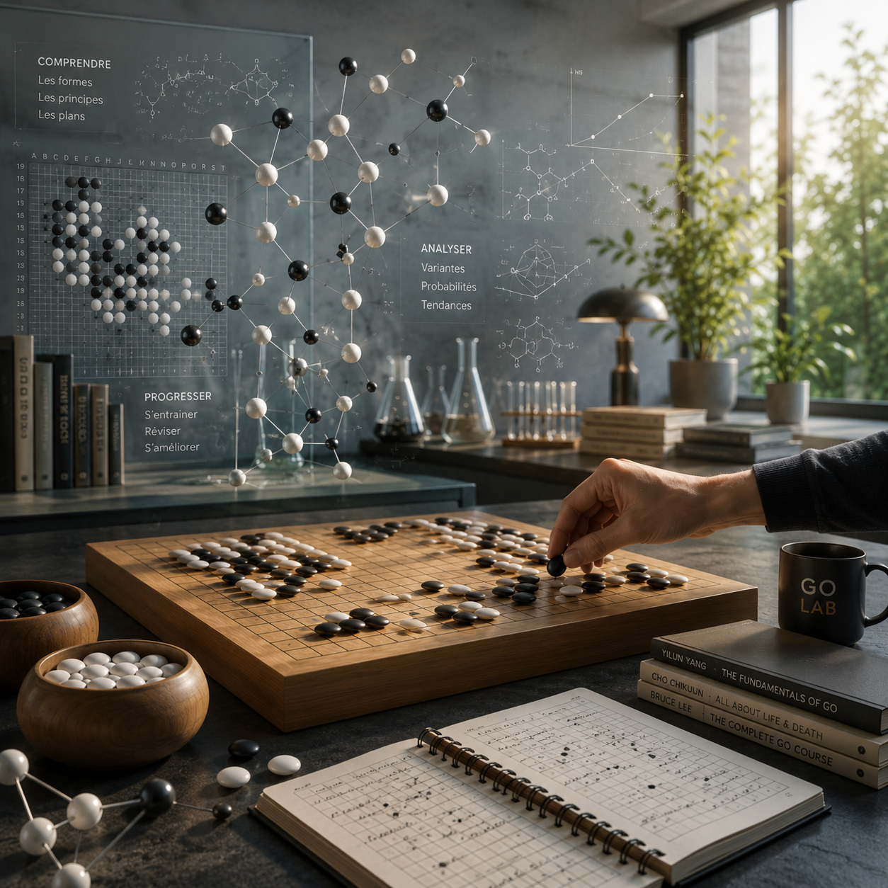 Un plateau de go sur une table, entouré de livres de go et d'éléments évoquant l'analyse et le diagnostic